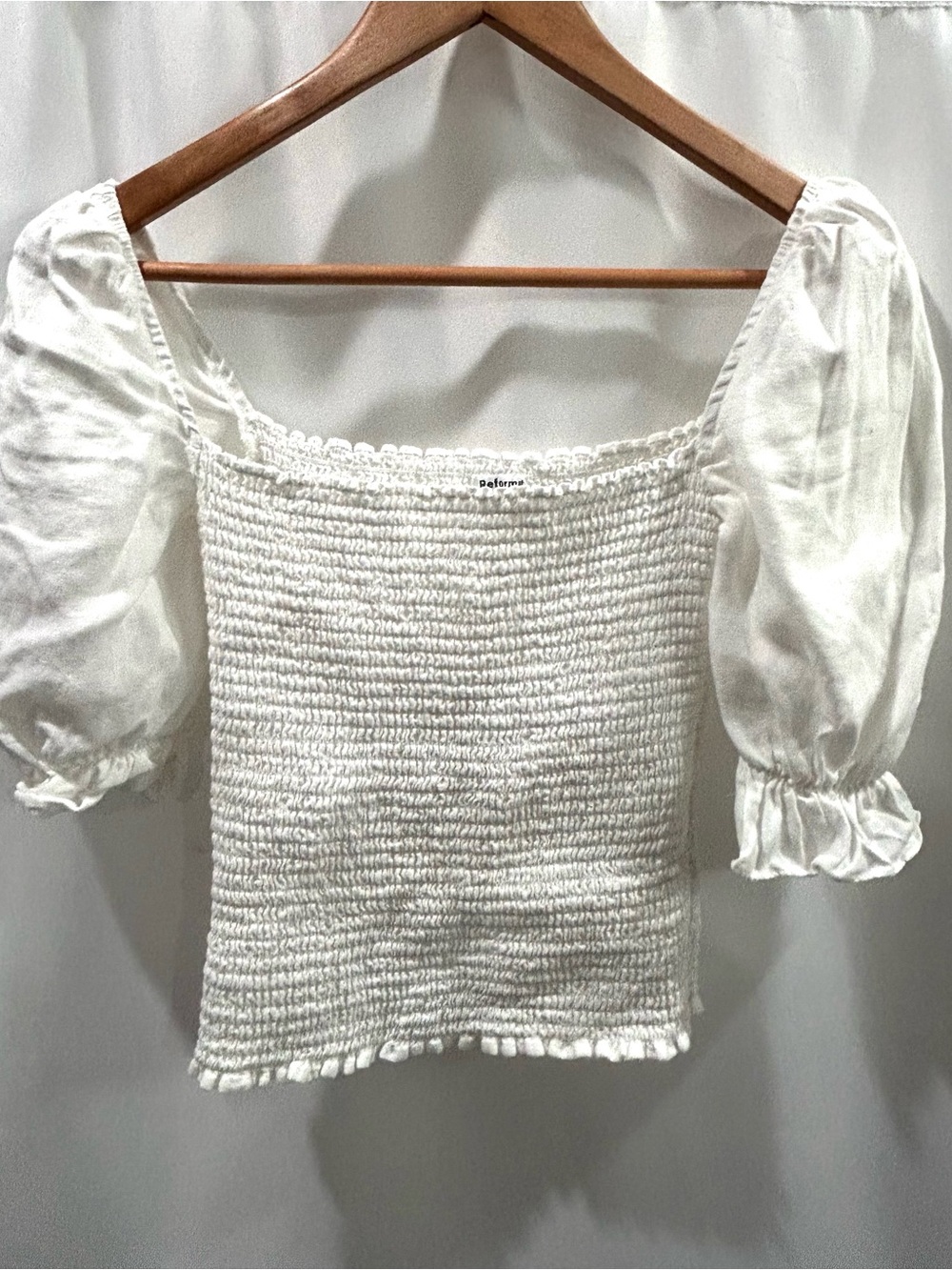 Reformation Clementine White Smocked Square-Neck Puff Sleeve Crop Top EUC